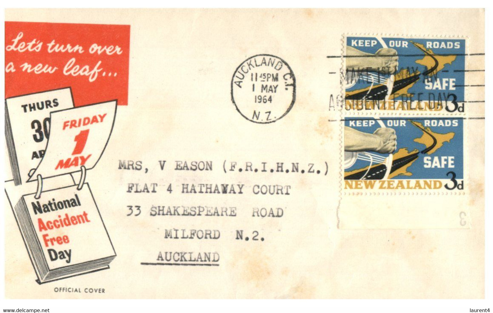 (Q 19) New Zealand Cover - Posted To Auckland (1964) Road Safety - Covers & Documents