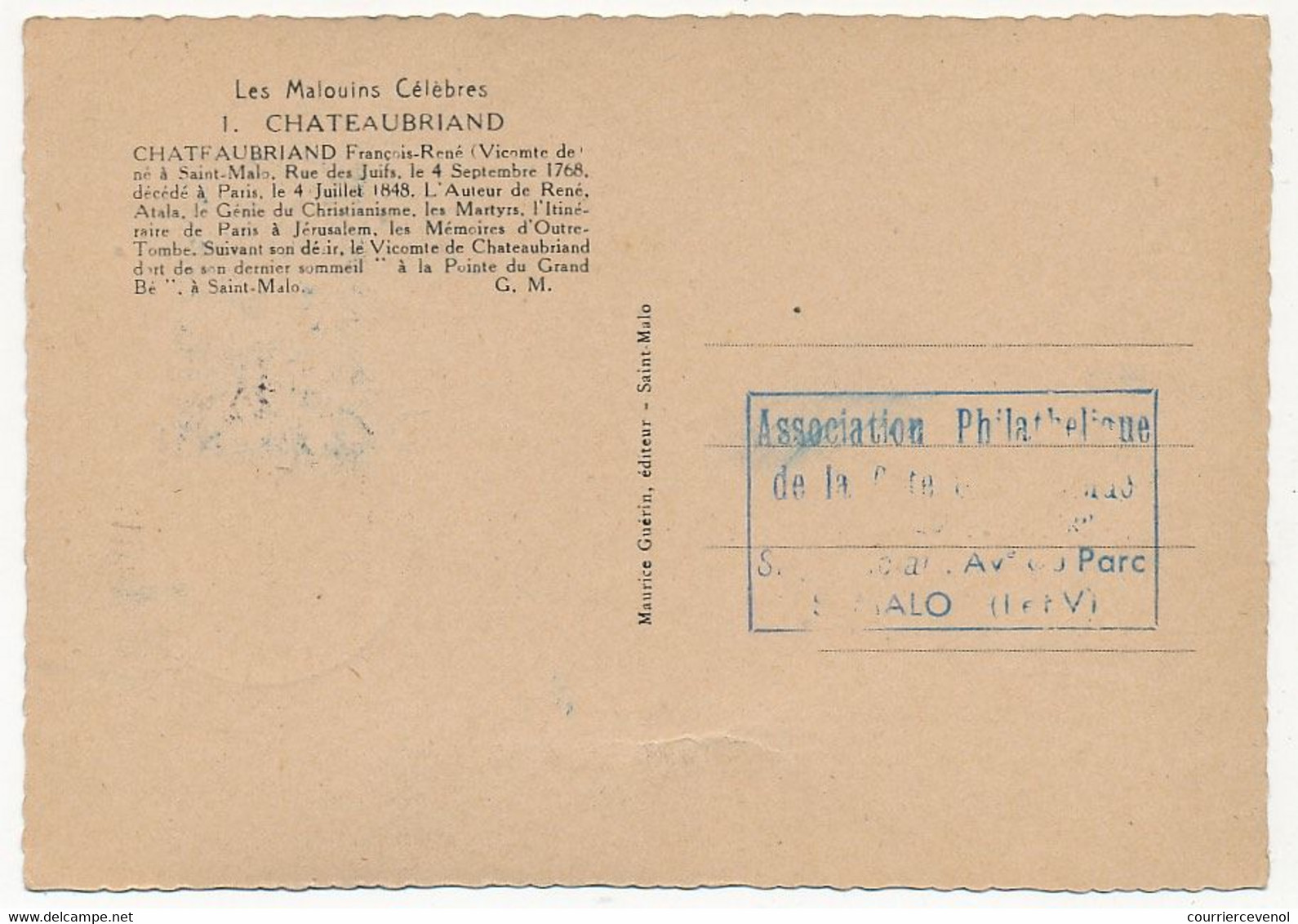 FRANCE - Carte Maximum - 18F CHATEAUBRIAND - Obl Illustrée Centenaire - 18 Juillet 1948 - Saint Malo - 1970-1979