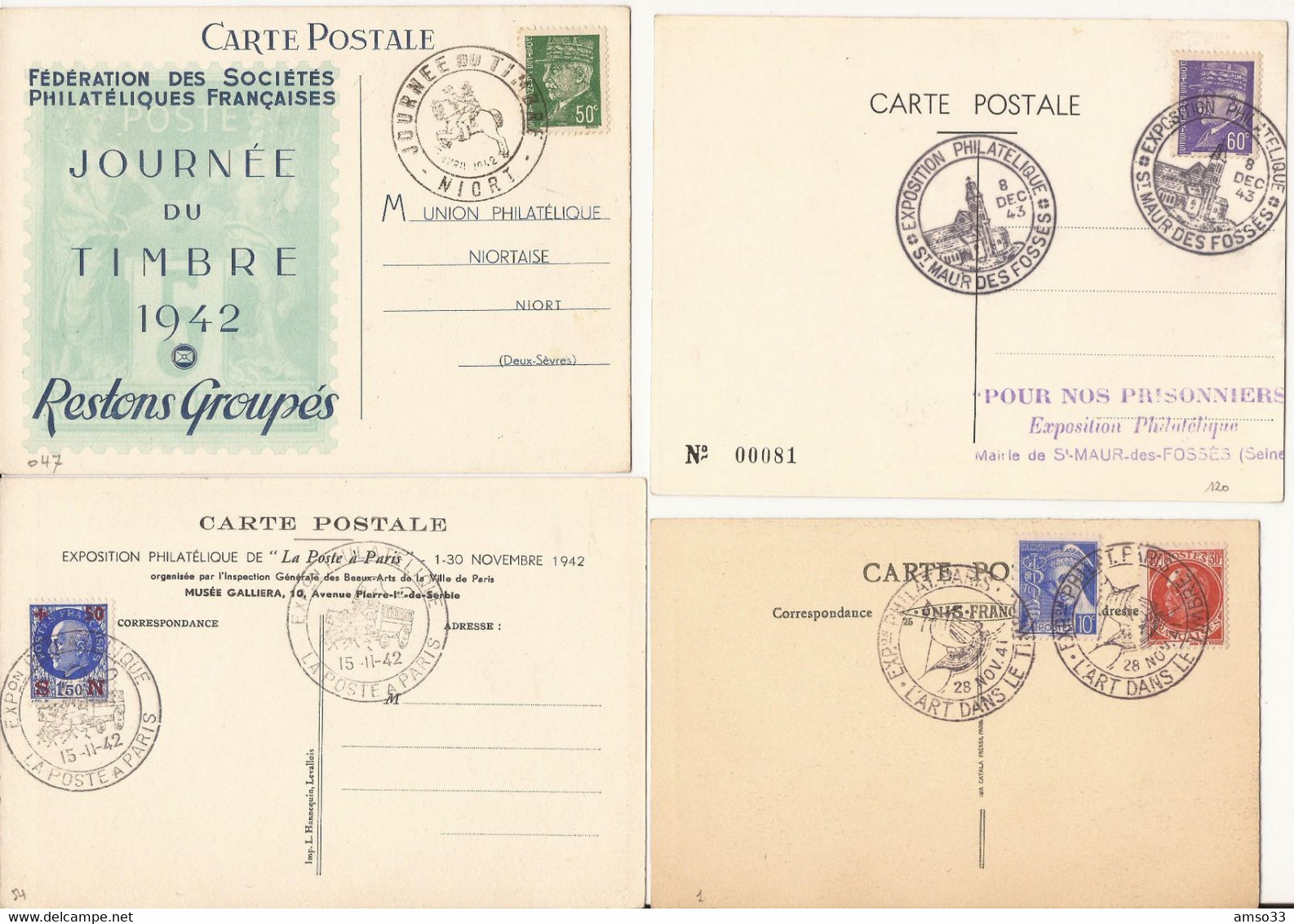 LOT DE 4 CARTES POSTALES EXPOSITIONS ET JOURNEE DU TIMBRE 1942 - 1940-1949