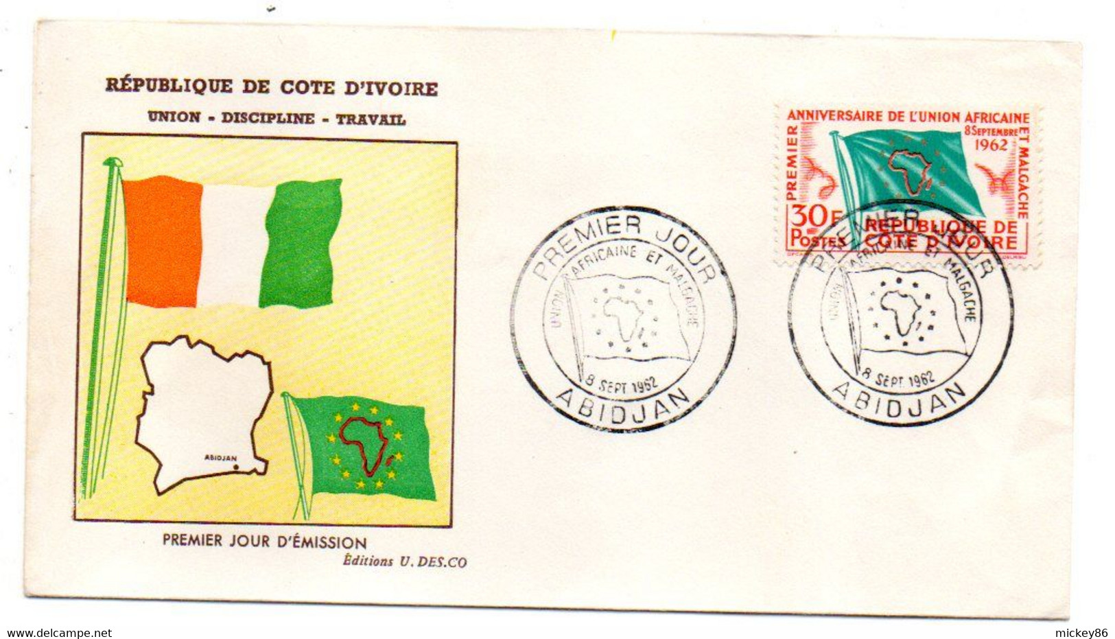 Côte D'Ivoire -- 1962 -- 1er Jour  " 1er Anniversaire De L'Union Africaine " ......cachet  ABIDJAN.........à Saisir - Costa D'Avorio (1960-...)