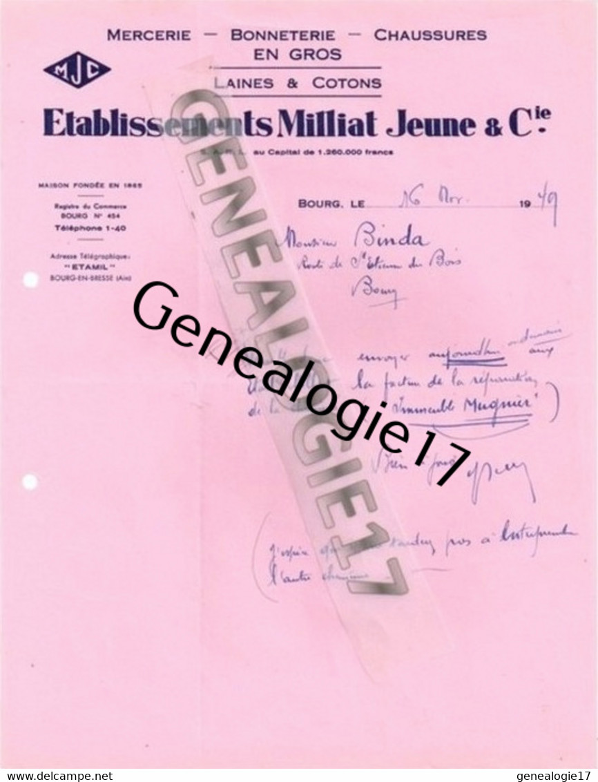 01 0171 BOURG EN BRESSE Ain Mercerie Bonneterie MILLIAT Jeune Et  Cie 1949 Facture Immeuble MUGNIER  Dest BINDA - Textile & Clothing