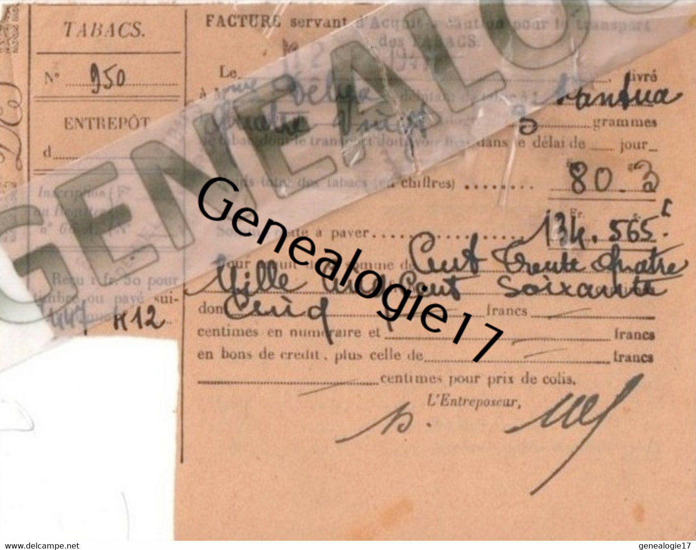 01 0292 NANTUA AIN Facture Transport De Tabacs 1944 Paul Delva Debitant à NANTUA Entrepot à BELLEGARDE - Documents