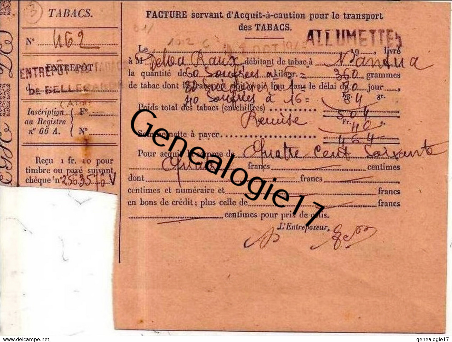 01 0830 BELLEGARDE AIN ( Et  NANTUA ) FACTURE SERVANT ACQUIT CAUTION POUR LE TRANSPORT DES TABACS - ALLUMETTES ALLU - Documents