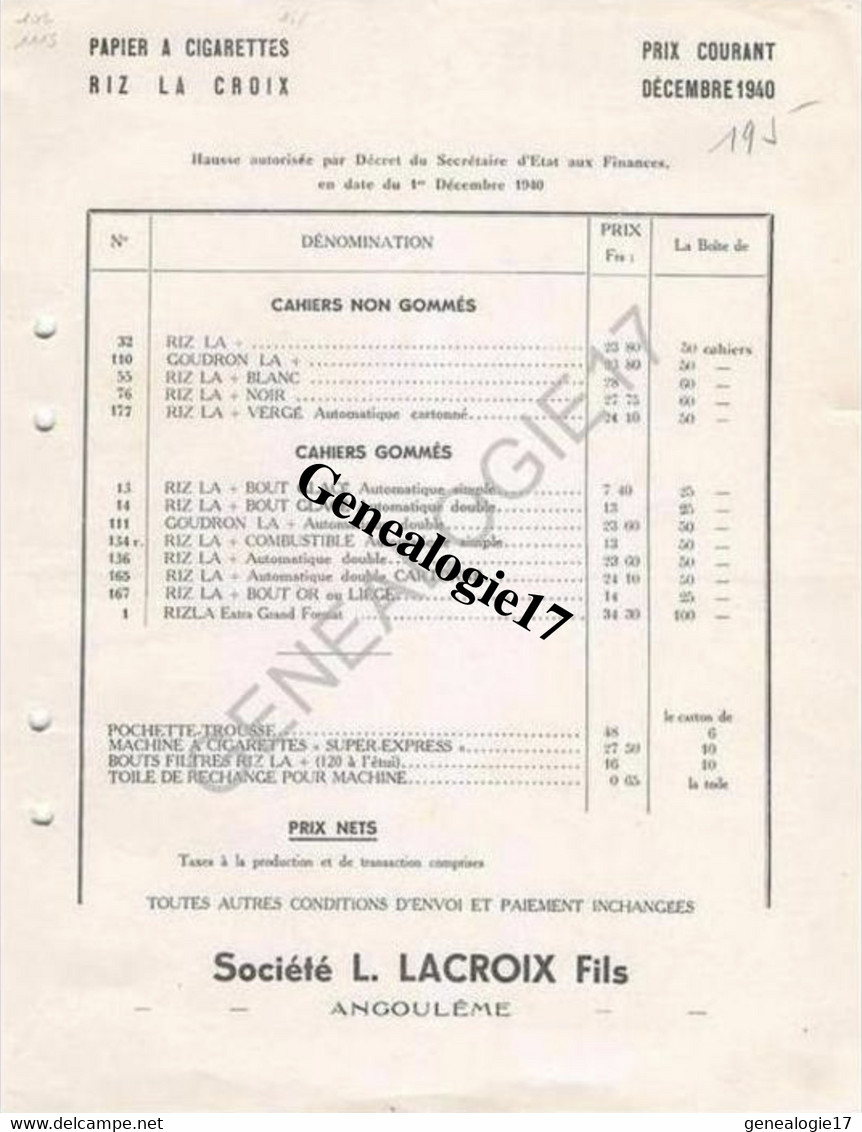 16 0623 ANGOULEME CHARENTE 1940  TARIF DES PAPETERIES LACROIX  - - PAPIER A CIGARETTES RIZ LA CROIX - RIZ + - Autres & Non Classés