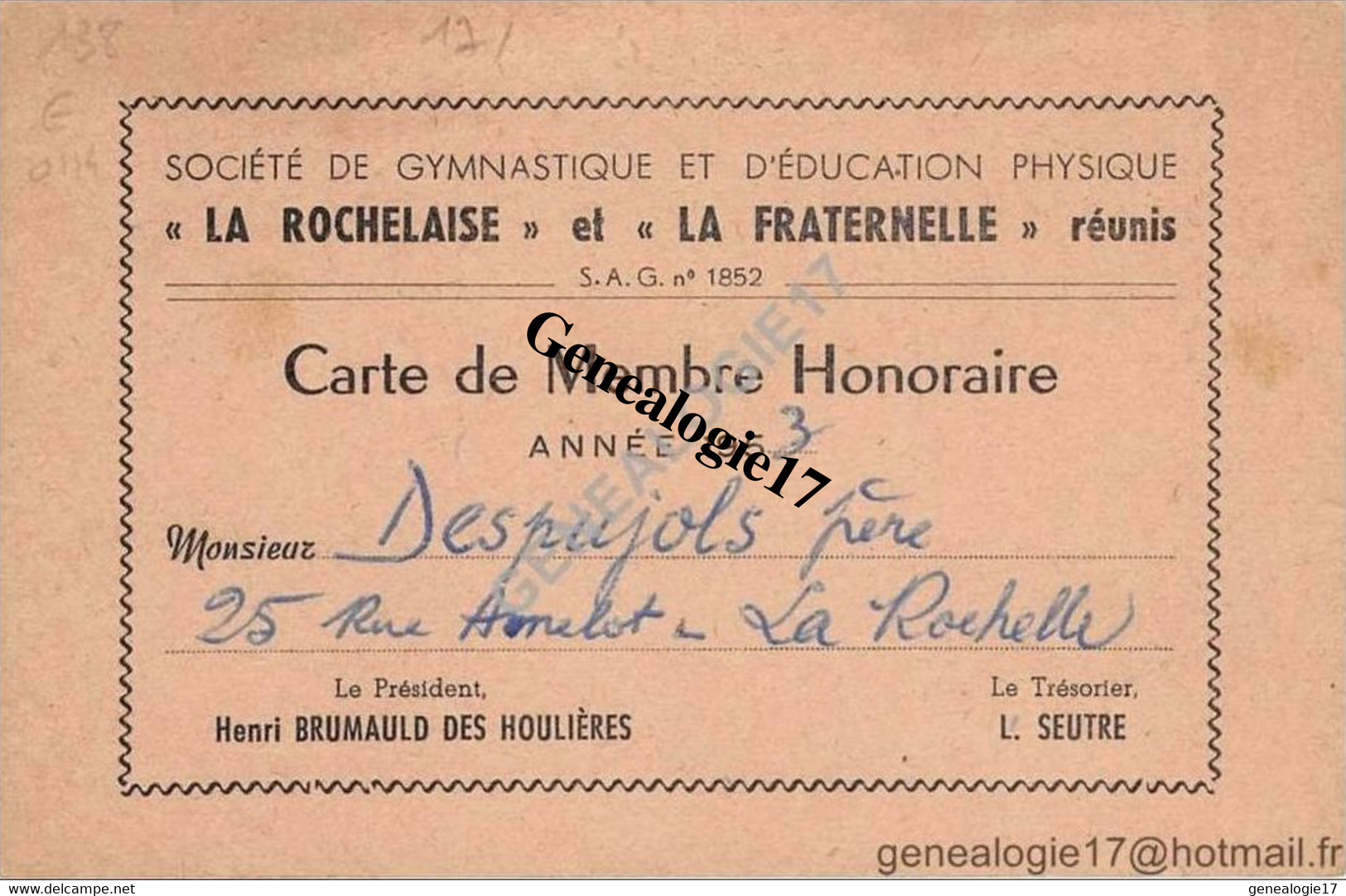 17 0391 LA ROCHELLE 1953 Carte  Ste GYMNASTIQUE EDUCATION PHYSIQUE LA ROCHELAISE Et  FRATERNELLE à Mr DESPUJOLS - Gymnastik