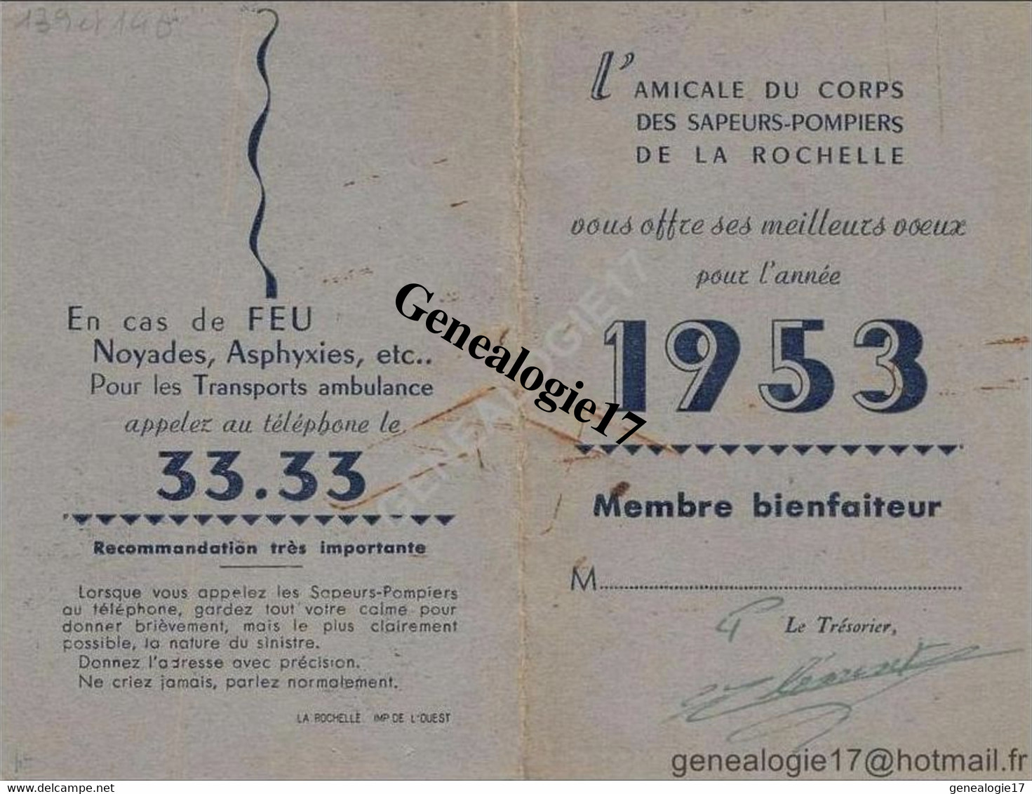 17 0393 LA ROCHELLE 1953 Carte  AMICALE DU CORPS DES SAPEURS POMPIERS DE LA ROCHELLE - Pompiers