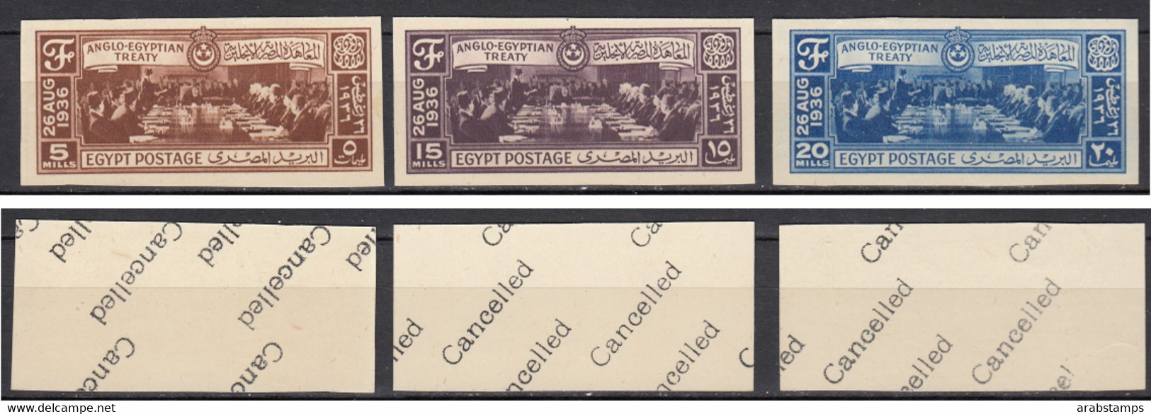 1936 Egypt The Egyptian-English Treaty Cancelled Complete Set 3 Values IMPERF Very Rare MNH - Ongebruikt