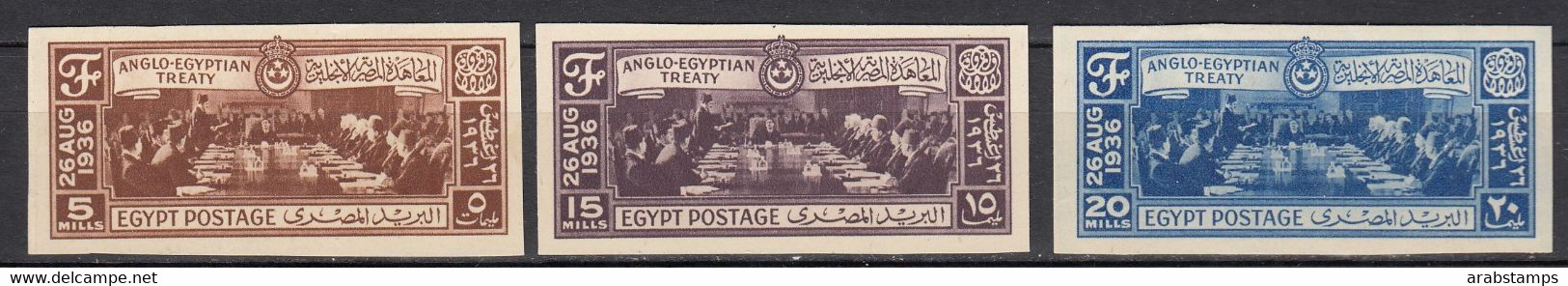 1936 Egypt The Egyptian-English Treaty Cancelled Complete Set 3 Values IMPERF Very Rare MNH - Ongebruikt