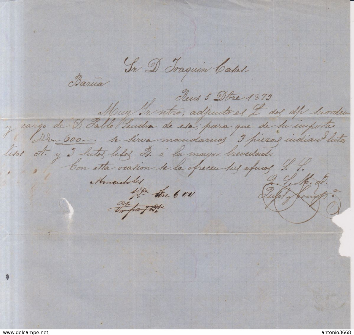 Año 1873 Edifil 133 10c Alegoria Carta Matasellos Rombo Reus ,  Pujol Y Comp. - Lettres & Documents