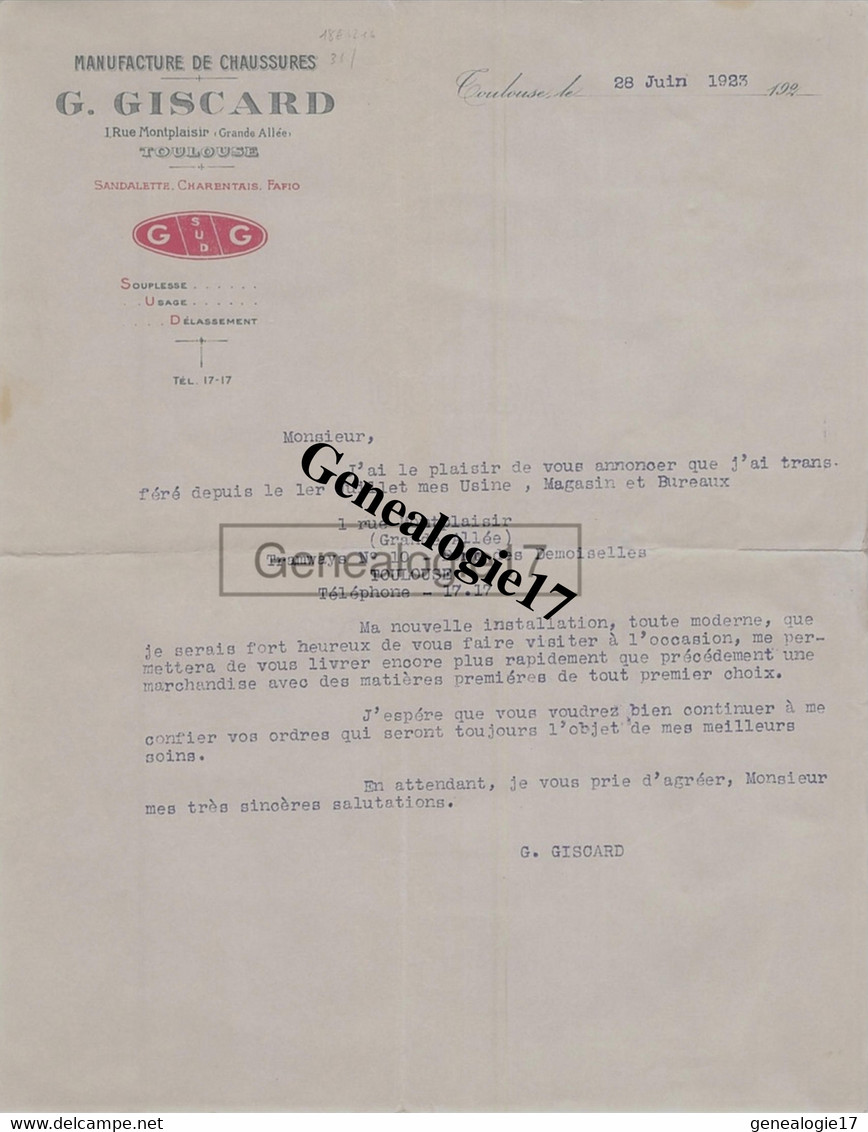 31 2182 TOULOUSE HTE GARONNE 1923 Manufacture Chaussures G. GISCARD Rue Montplaisir Grande Allee SANDALETTE CHARENTAIS - Textile & Vestimentaire