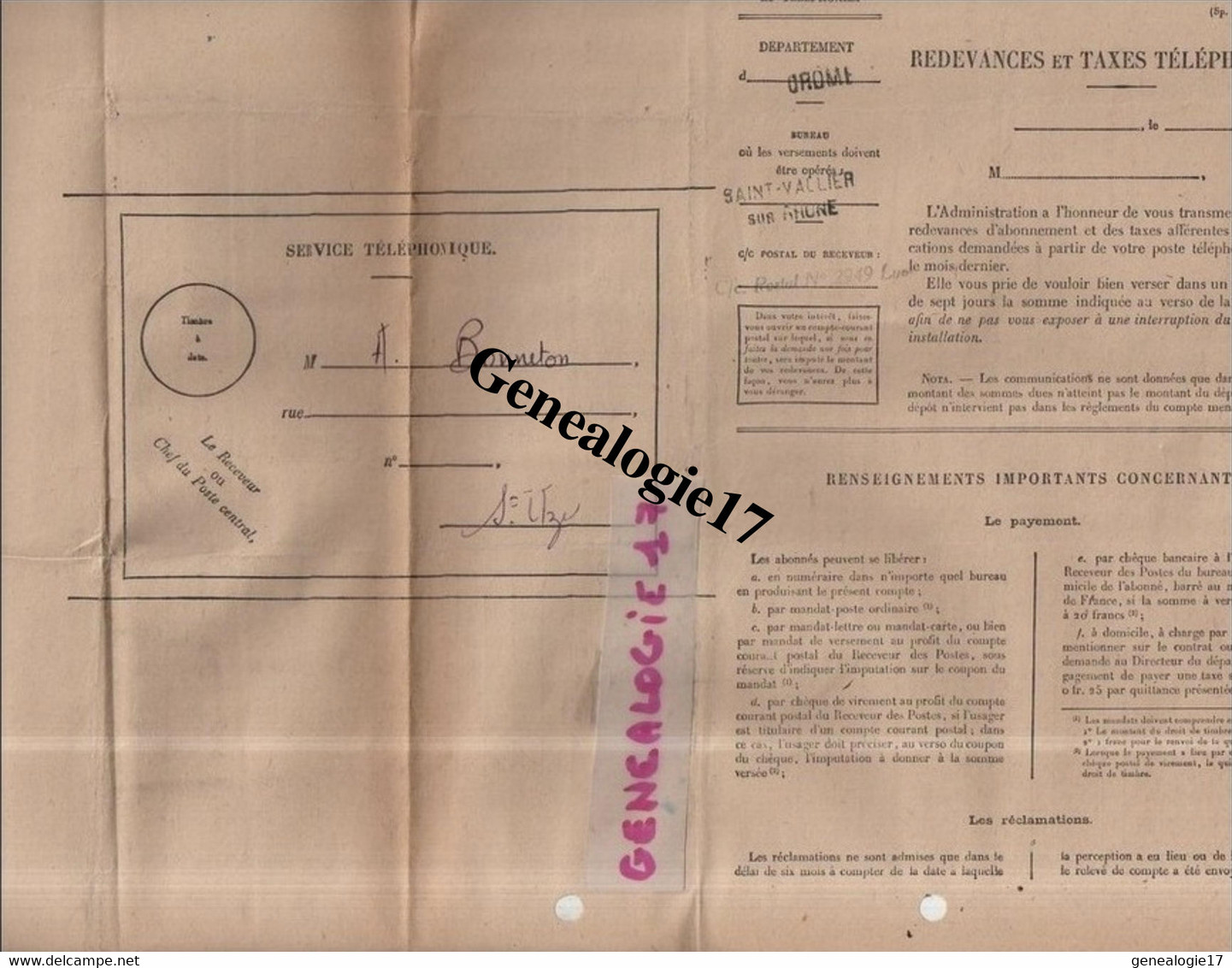 26 0898 SAINT VALLIER DROME 1945 REDEVANCES TAXES TELEPHONIQUES - Sonstige & Ohne Zuordnung
