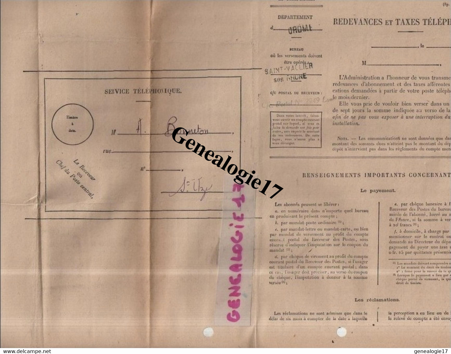 26 0898 SAINT VALLIER DROME 1945 REDEVANCES TAXES TELEPHONIQUES - Autres & Non Classés