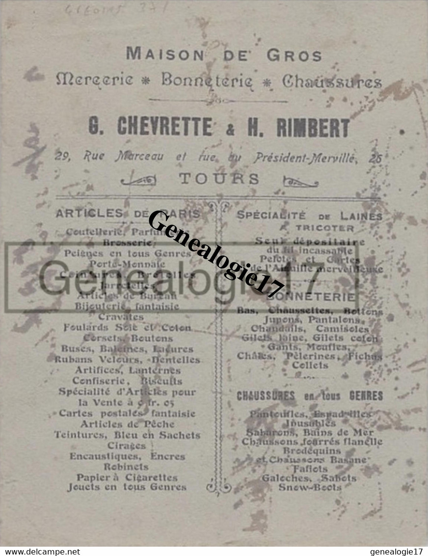 37 1193 TOURS 1904 Mercerie Bonneterie E. CHEVRETTE E RIMBERT Rue Marceau  Et President Merville - C