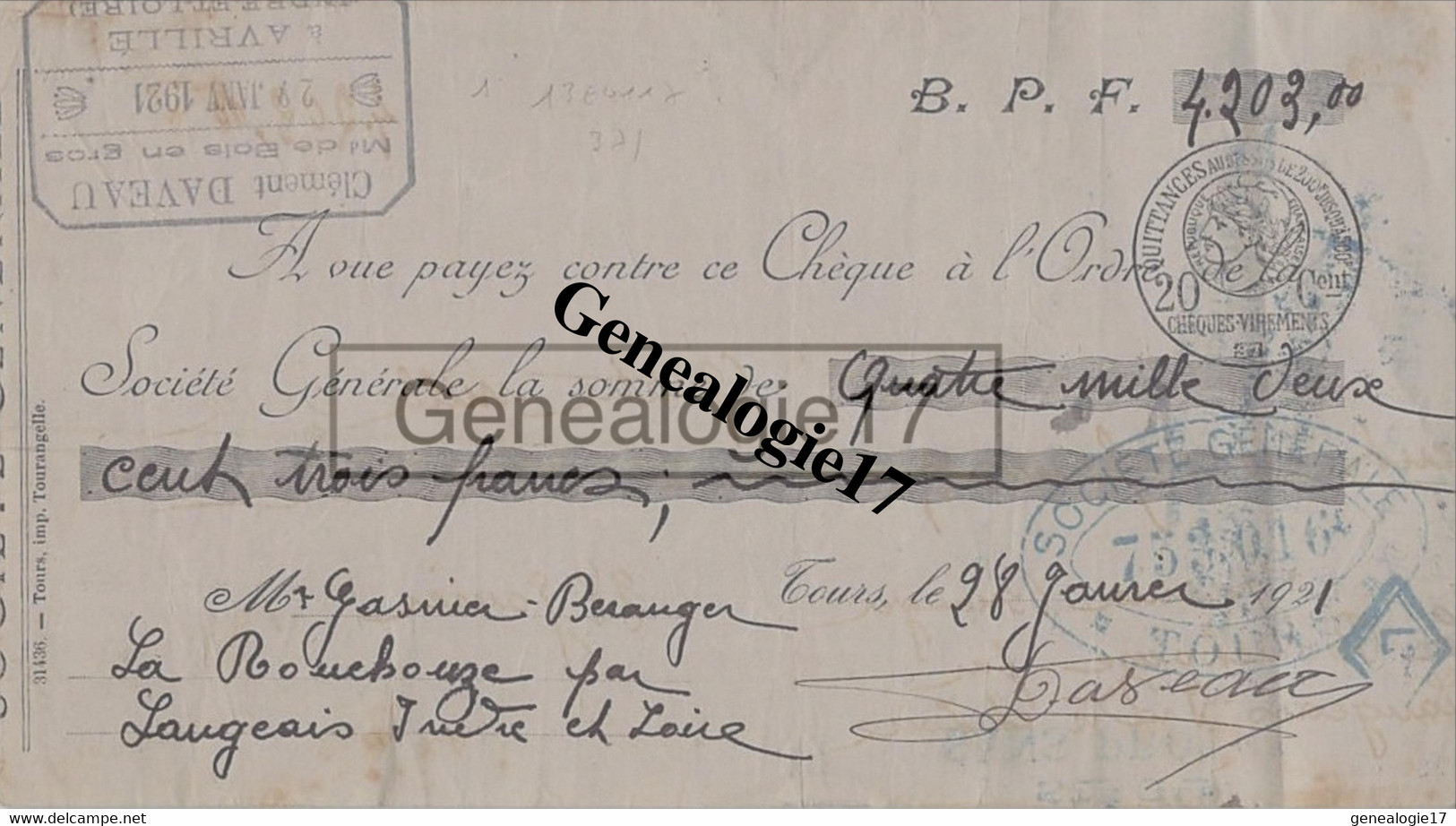 37 1659 AVRILLE INDRE ET LOIRE 1921 Commerce De Bois CLEMENT DAVEAU Bois Chauffage - Cheques & Traveler's Cheques