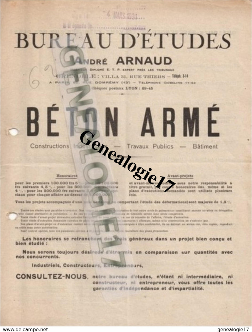 38 0004 GRENOBLE Bureau D Etudes ANDRE ARNAUD BETON ARME Villa 31 Rue Thiers Et  PARIS 65 Domremy 1934 - Otros & Sin Clasificación