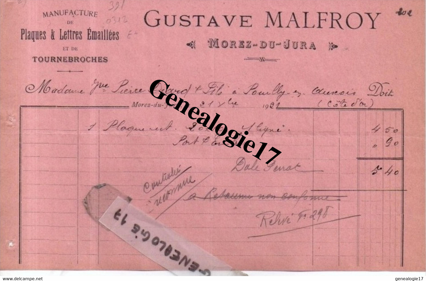 39 0243 MOREZ DU JURA 1921 Plaques Et  Lettres Emaillees GUSTAVE MALFROY - Tournebroches Plaque Emaillee - Other & Unclassified