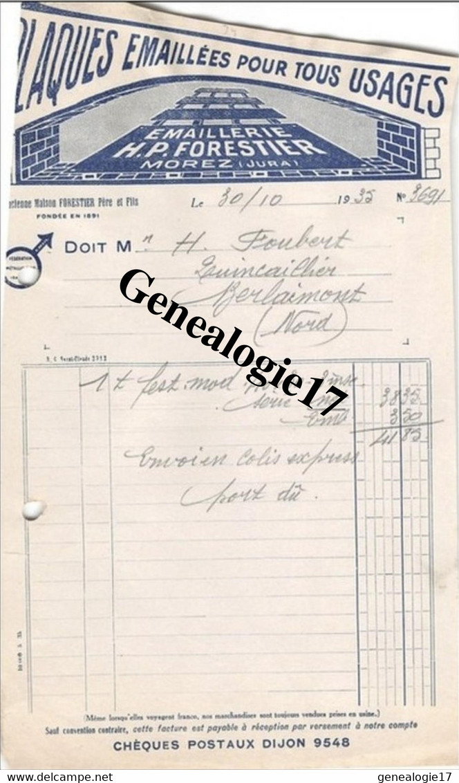 39 0343 MOREZ JURA 1935 Plaques Emaillees H.P FORESTIER  - EMAILLERIE - Autres & Non Classés