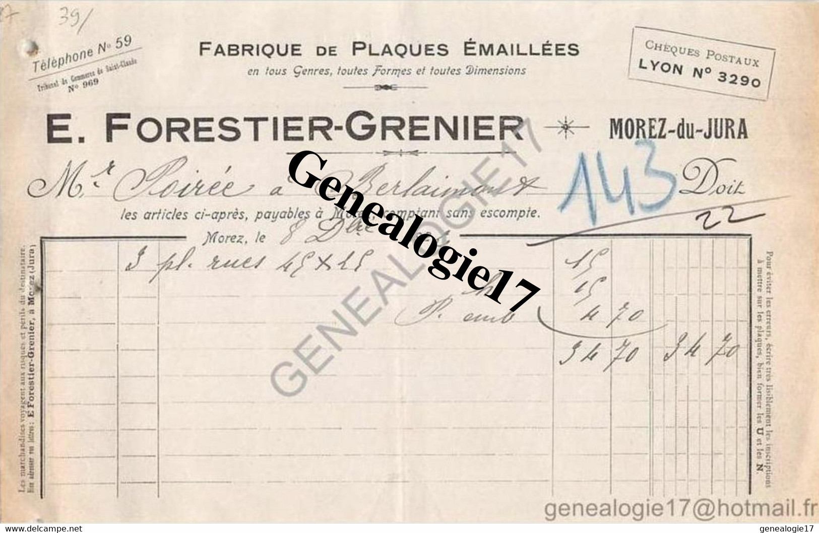 39 0354 MOREZ DU JURA 1922 Fabrique De Plaques Emaillees EMAILLERIE H. P. FORESTIER  Et  GRENIER 18 Rue Pasteur - Other & Unclassified