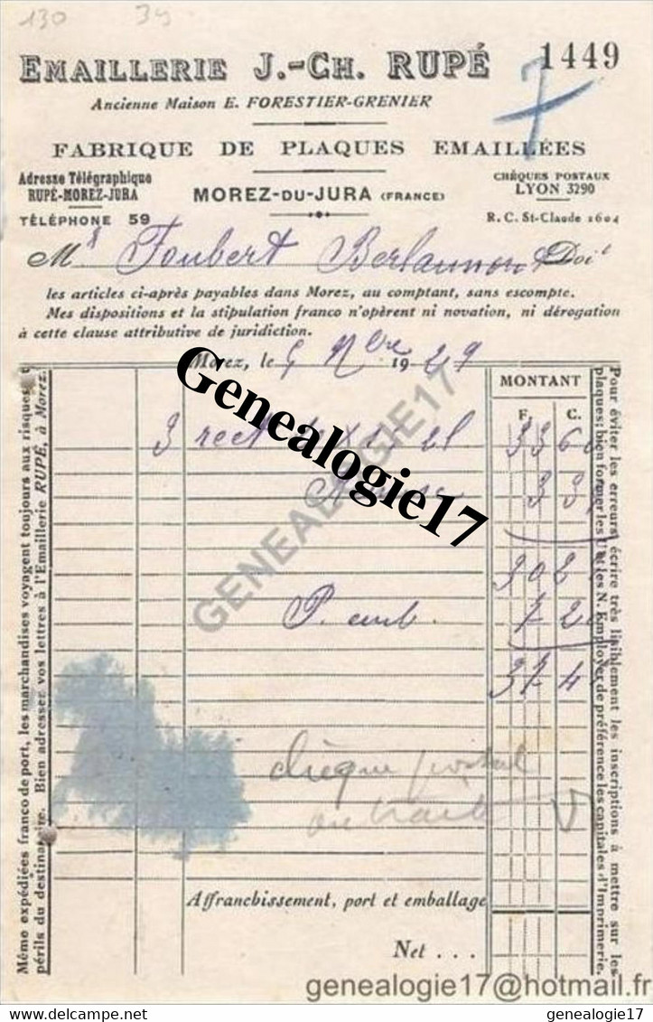 39 0360 MOREZ DU JURA 1929  Plaques Emaillees EMAILLERIE J. CH RUPE ( Rupe ) à Mr FOUBERT - Sonstige & Ohne Zuordnung
