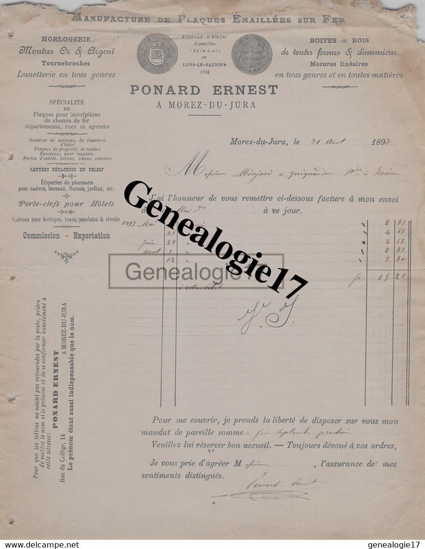 39 0528 MOREZ JURA 1897 Manufacture Plaques Emaillees PONARD ERNEST Horlogerie Montres Lunetterie  Porte Clefs - Other & Unclassified