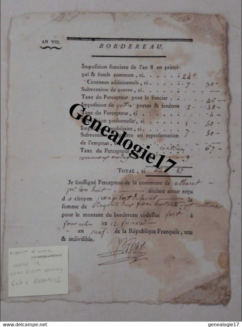 48 0100 ALBARET LE COMTAL LOZERE AN 8 IMPOSITION SUBVENTION DE GUERRE TAXE De Mr JEAN GIBERT DELAVAL établi à FOURMELS - ... - 1799