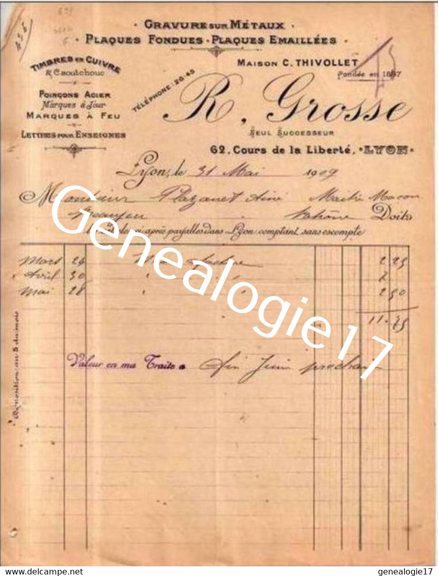 69 2150 LYON RHONE 1909 Gravure Metaux Plaques Fondues Et  Emaillees R. GROSSE Succ C. THIVOLLET Timbre Cuivre - Sonstige & Ohne Zuordnung