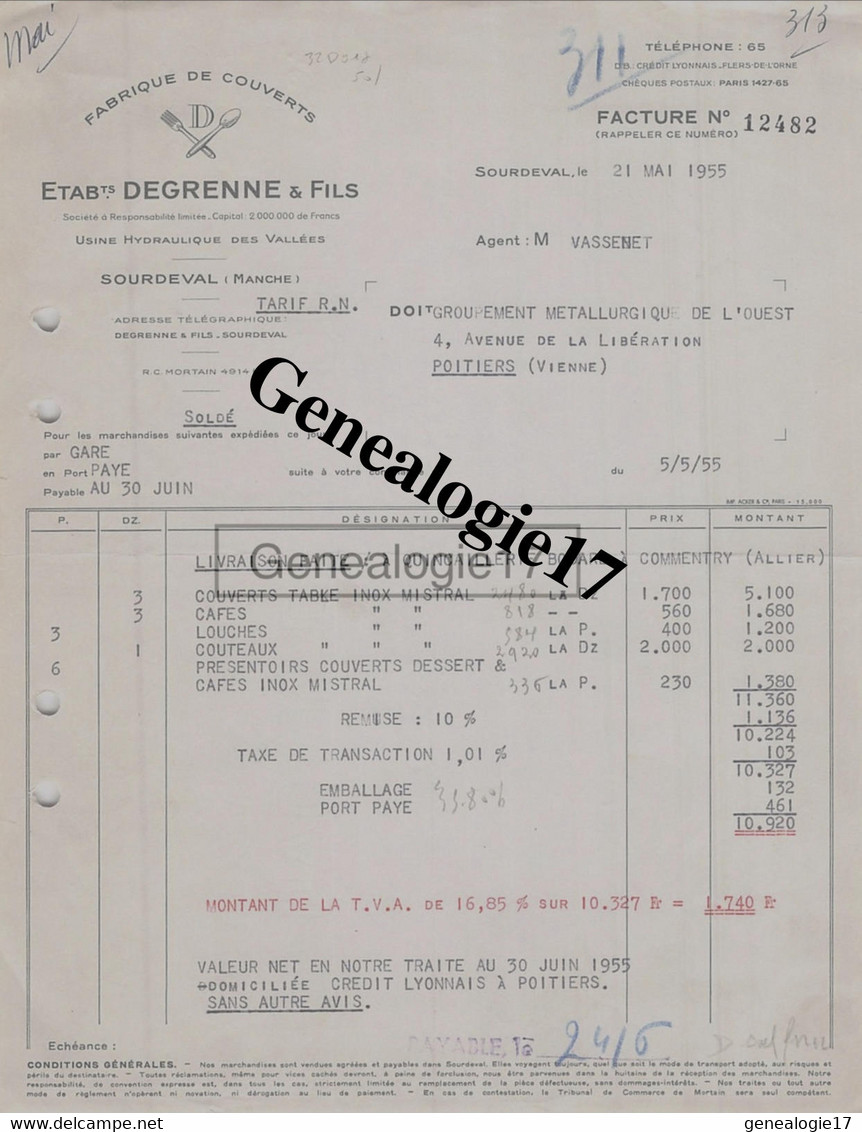 50 0193 SOURDEVAL MANCHE 1955 Fabrique De Couverts DEGRENNE ET FILS Usine Hydraulique Des Vallees Agent Mr VASSENET - 1900 – 1949