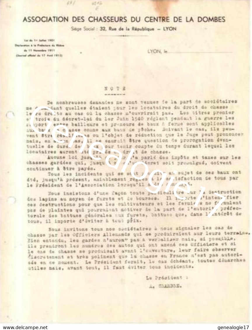 69 1781 LYON RHONE 1940  ASSOCIATION DES CHASSEURS DU CENTRE DE LA DOMBES 32 Rue Republique - Signe A. CHAMBRE - Pesca