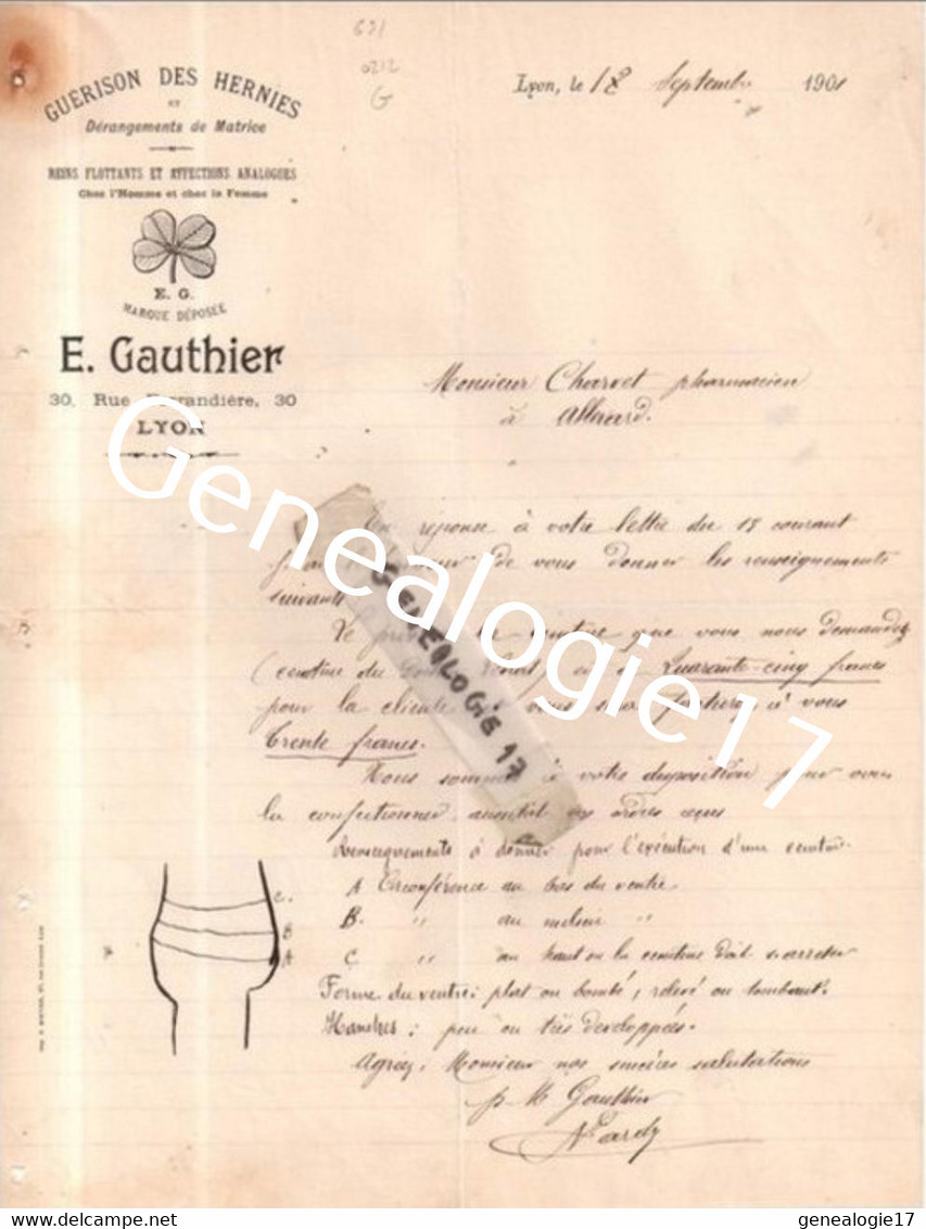 69 1700 LYON RHONE 1901 GUERISON DES HERNIES Ets E. GAUTHIER - Reins Flottans ( Medecine Chirurgie ) - Autres & Non Classés