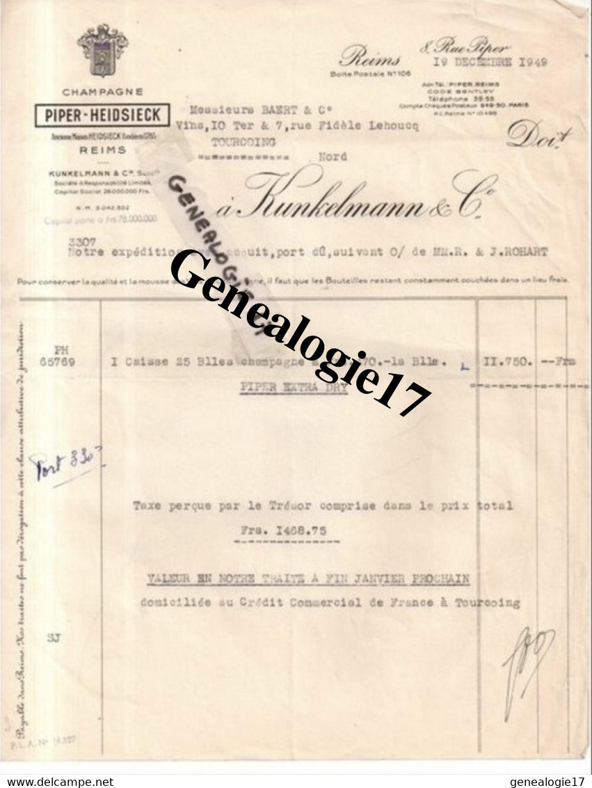 51 0357 REIMS MARNE 1949 CHAMPAGNE PIPER - HEIDSIECK Succ KUNKELMANN Cie  à BAERT - Piper Heidsieck