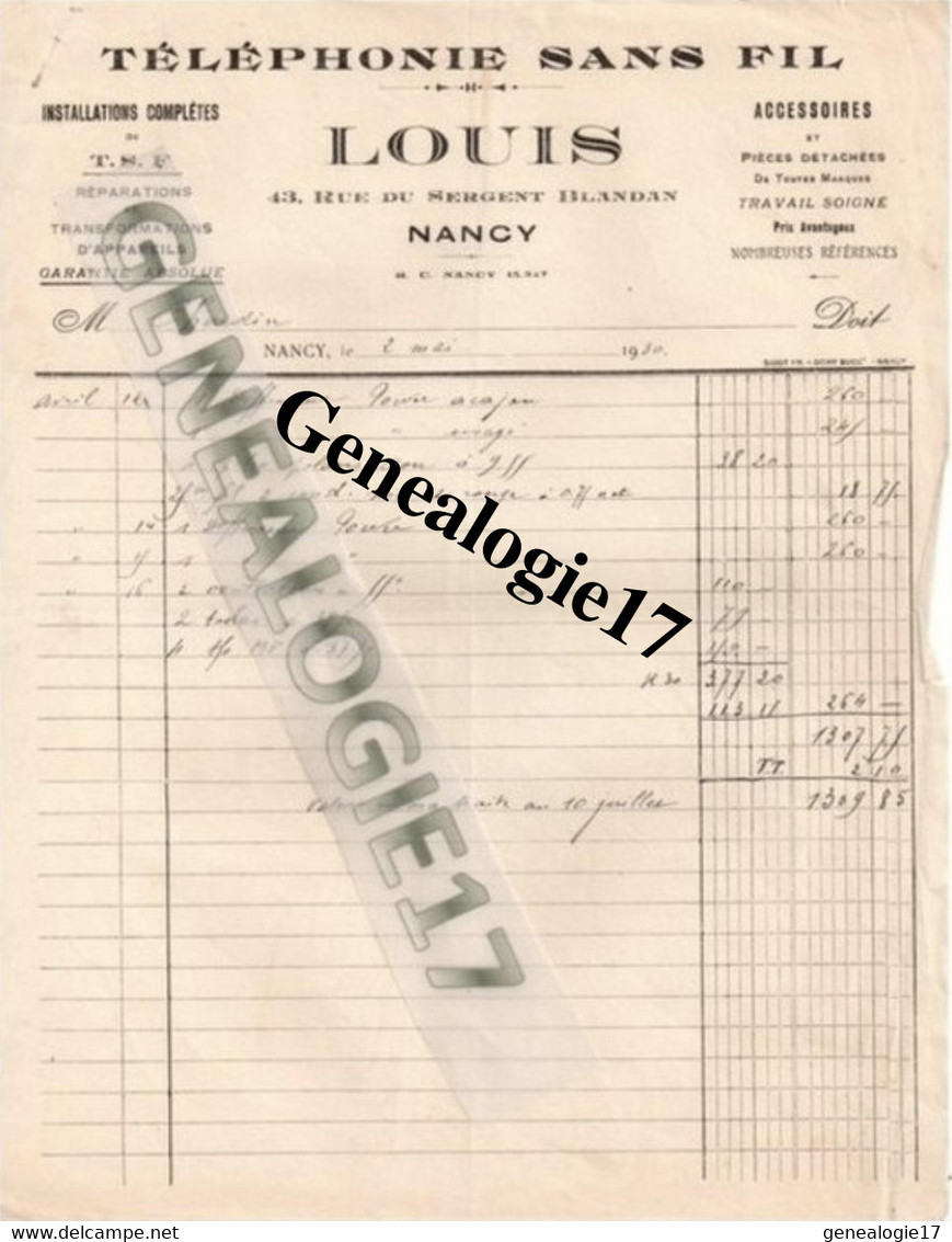 54 0030 NANCY Telephonie Sans Fil LOUIS 43 Rue Du Sergent Blandan TSF T.S.F Dest CHARDIN 1930 - Andere & Zonder Classificatie