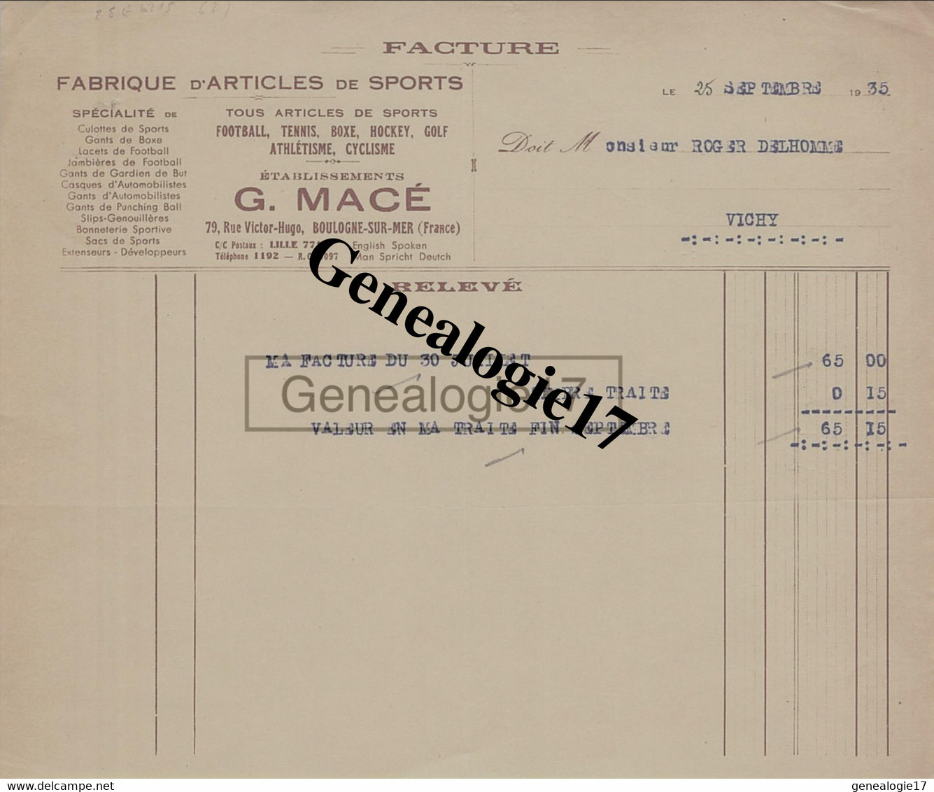 62 0725 BOULOGNE SUR MER 1935 Fabrique Article Sports G. MACE ( Macé ) Rue Victor Hugo  TENNIS BOXE HOCKEY GOLF CYCLISME - Sonstige & Ohne Zuordnung