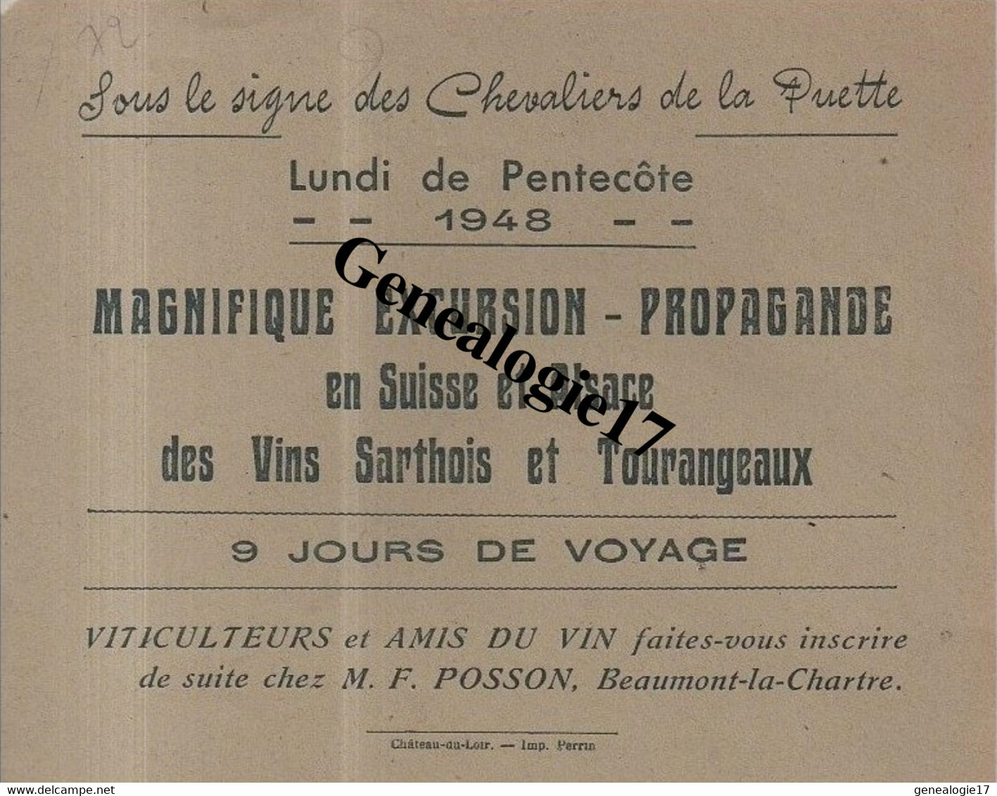 72 0119 BEAUMONT LA CHARTRE Sarthe CHEVALIERS DE LA PUETTE 1948 Amis Du Vins M.F POSSON Vin Sarthois Et  Tourangeau - Europe