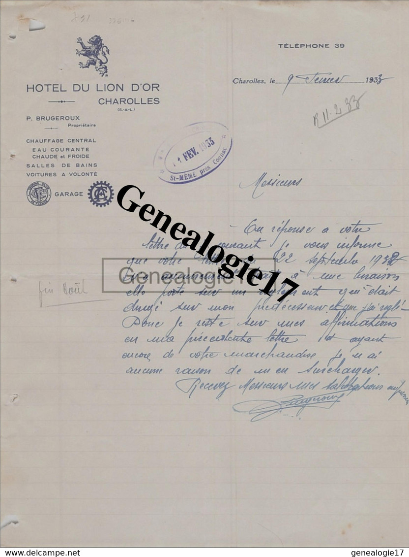 71 1064 CHAROLLES LOIRE 1933 HOTEL DU LION D OR Des Ets P. BRUGEROUX - Rechnungen