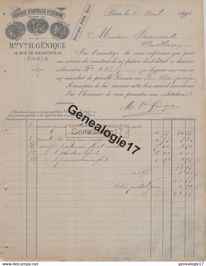 75 20164 PARIS SEINE 1899 0-- RARE THEME --- Fabrique Article Escrime VEUVE H. GENIQUE Succ GEORGES PION Rue De Belzunce - Schermen