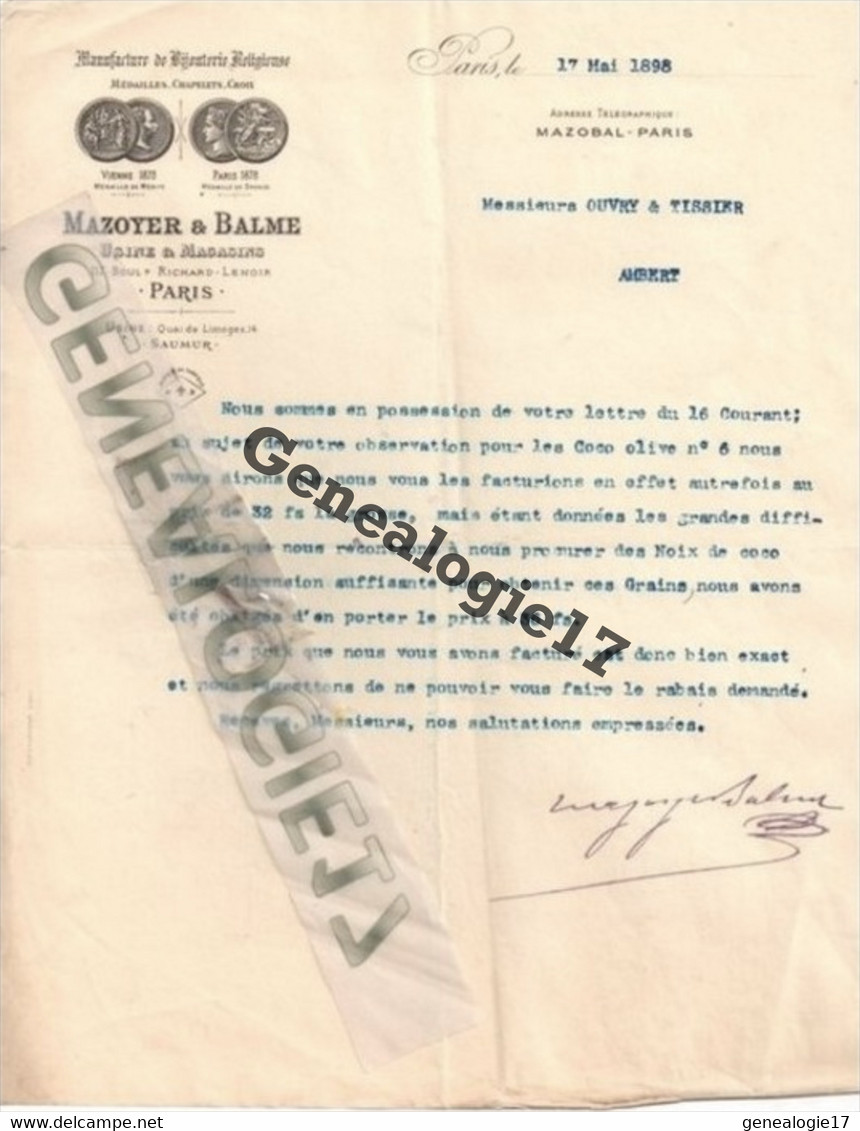 75 01098 PARIS Manufacture De Bijouterie Religieuse MAZOYER Et  BALME Usine 117 Bd Richard Lenoir Et  SAUMUR - Sin Clasificación