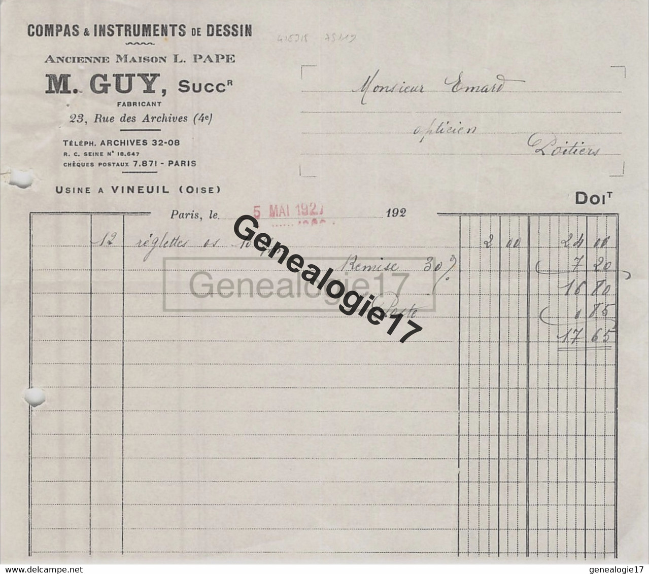 75 19242 PARIS SEINE 1921 Compas Instrument De Dessin M. GUY Succ L. PAPE Rue Des Archives USINE  A VINEUIL OISE 60 - Ambachten