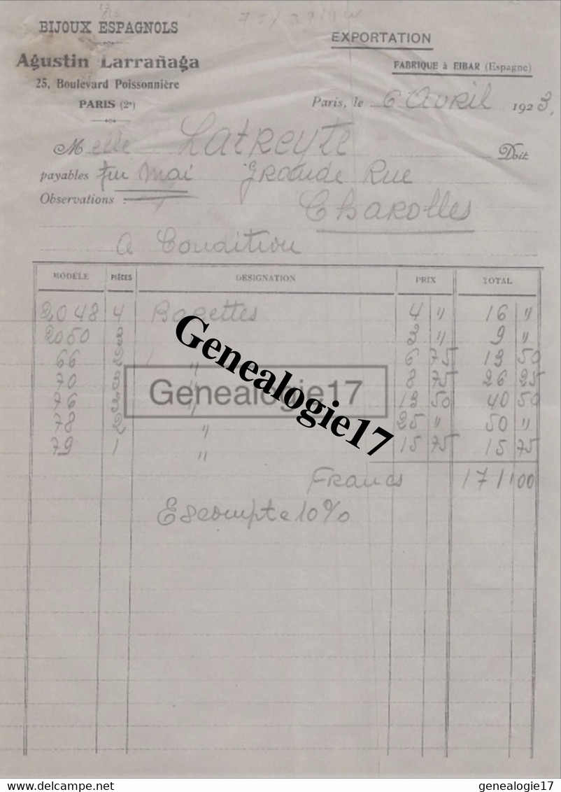 75 03714W PARIS SEINE 1923 Et EIBAR ESPAGNE Fabrique De Bijoux Espagnols AGUSTIN LARRANAGA Bd Poissonniere Dest Melle - Spagna