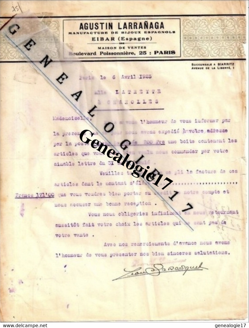 75 03715 PARIS 1923 Et  EIBAR ESPAGNE Fabrique De Bijoux Espagnols AGUSTIN LARRANAGA 25 Bd Poissonniere Dest Melle - España