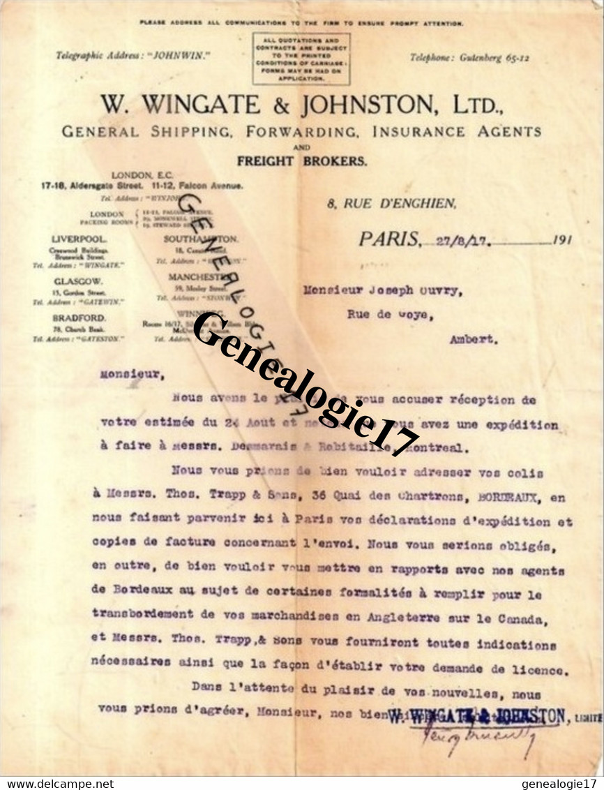 75 04062 PARIS 1917 Et  ANGLETERRE LONDRES Insurance W. WINGATE Et  JOHNSTON Liverpool Glascow 8 Rue D Enghie - Royaume-Uni