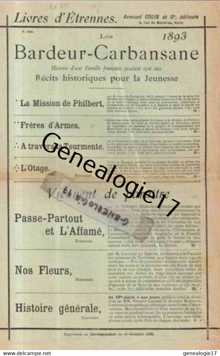 75 05492 PARIS 1893 Supplment LIVRES D' ETRENNES D' ARMAND COLIN - Les BARDEUR - CARBANSANE - Livres Scolaires