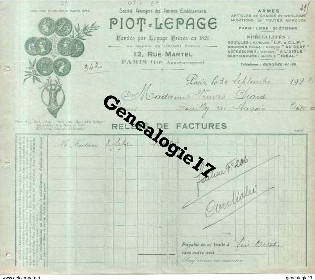 75 06070 PARIS 1929 Ets PIOT - LEPAGE 12 Rue Martel Chasse Carabine Armes De Defense - Jouets Escrime  à DIARD - Esgrima