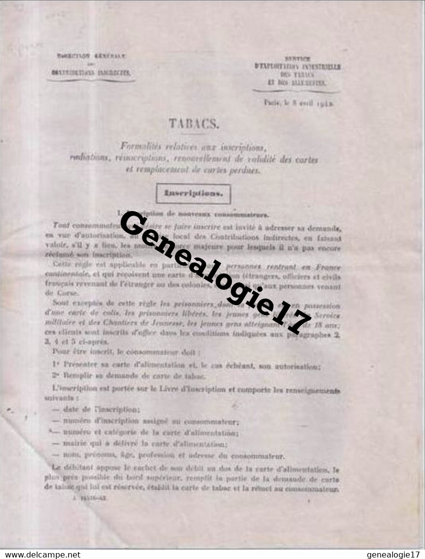 75 06434 PARIS 1942 Inscription Rationnement  - Carte - SERVICE EXPLOITATION INDUSTRIELLE DES TABACS ALLUMETTES - Documenten