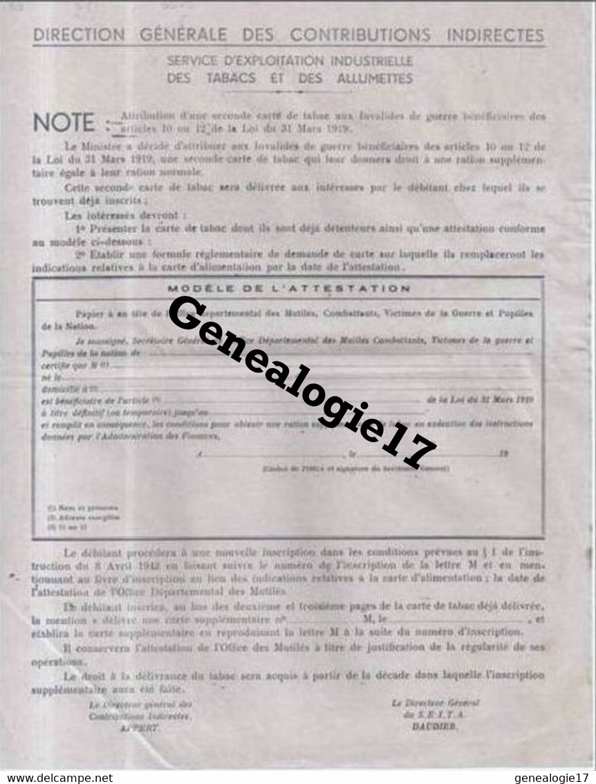 75 06435 PARIS 1942 Inscription Rationnement  Carte - SERVICE EXPLOITATION INDUSTRIELLE TABACS ALLUMETTES Signé DAUDIE - Documenten