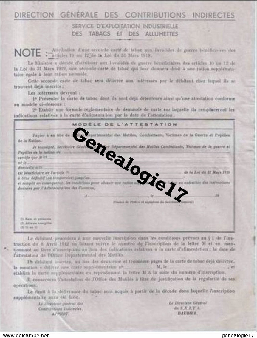 75 06435 PARIS 1942 Inscription Rationnement  Carte - SERVICE EXPLOITATION INDUSTRIELLE TABACS ALLUMETTES Signé DAUDIE - Documenti