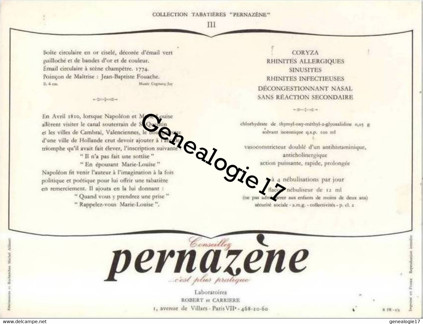 75 07683 PARIS 19.. COLLECTION TABATIERES PERNAZENE ( Tabatiere ) LABORATOIRE ROBERT ET CARRIERE 1 Ave De Villars - Taba - Documenti