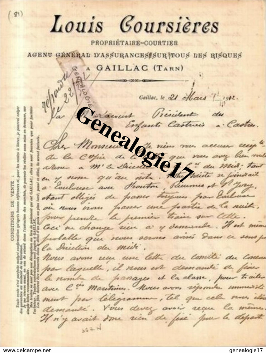 81 0153 GAILLAC TARN 1912 Agent Assurance LOUIS COURSIERES Directeur RALLYE - COR à ORAN à LACOURT President - Automobile - F1