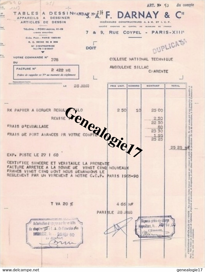 75 09128 PARIS SEINE 1960 Tables à Dessin F. DARNAY Rue Coypel - Dessin - 1950 - ...