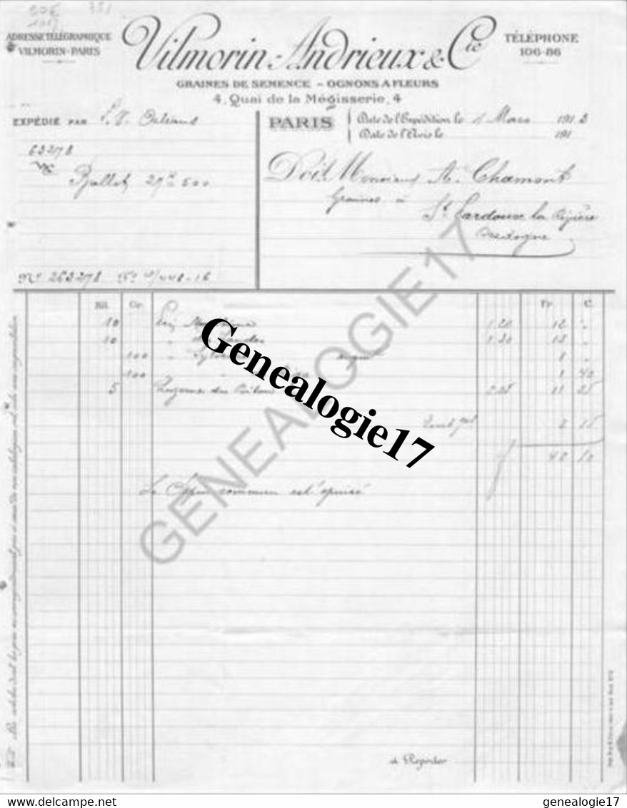 75 09270 PARIS SEINE 1913 Graines De Semence VILLEMORIN - ANDRIEUX Quai De La Megisserie - Agriculture