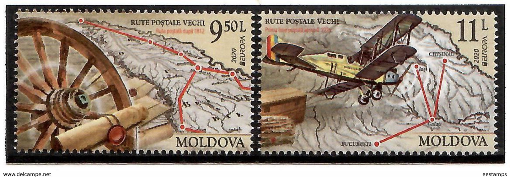 Moldova 2020 . Europa CEPT, Ancient Postal Routes, Aviation, Airplanes, Map. 2v:9.50,11.00 - Moldova